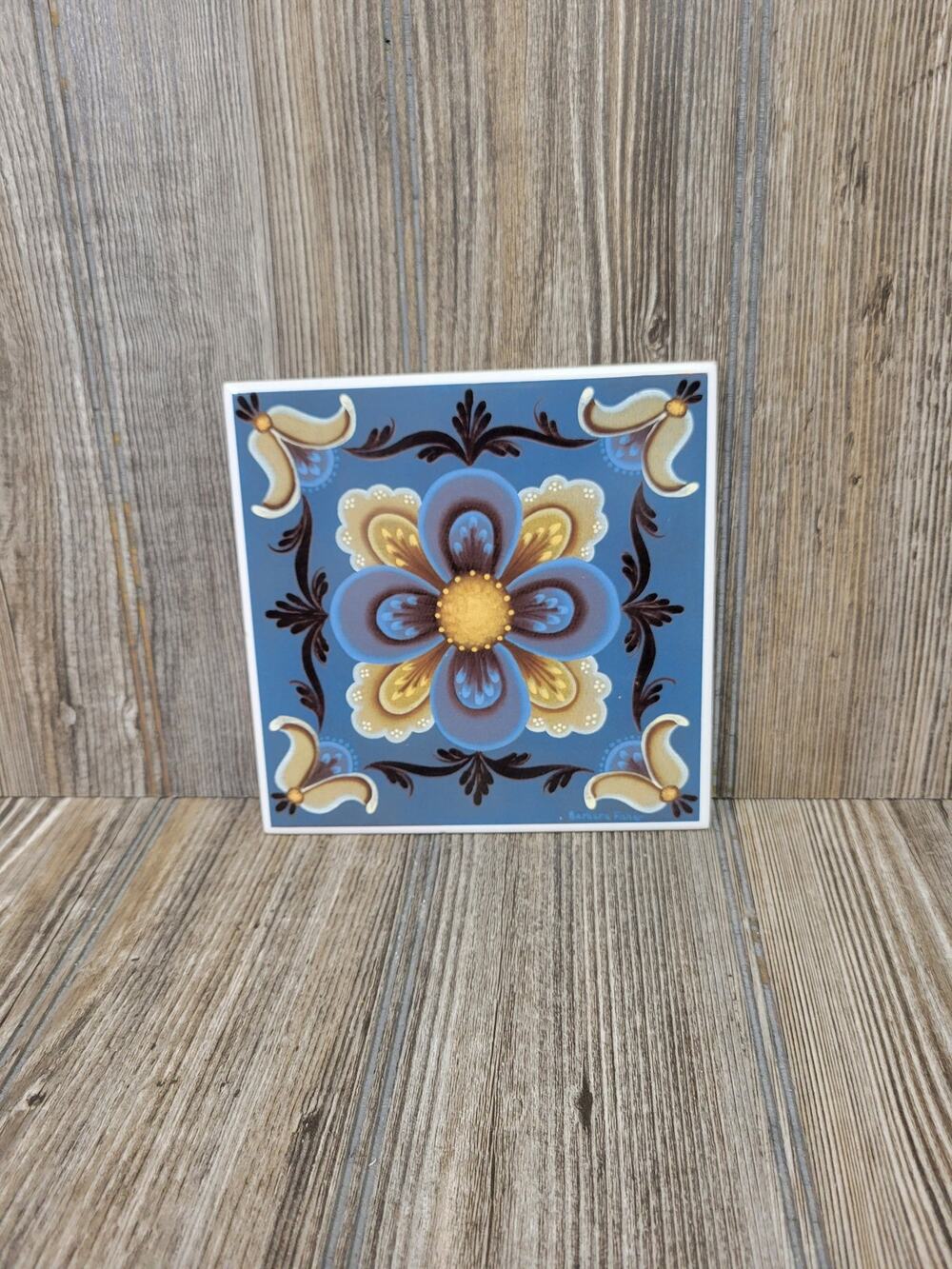 Vintage Bergquist Imports Blue Scandinavian Folk Art Trivet Tile Barbara Fisher